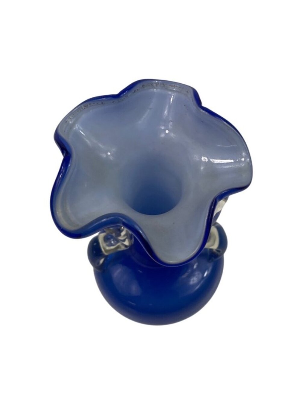 Handmade Cobalt Blue Glass Vase With Clear Swirl Handles & Ruffled Rim - Picture 4 of 12